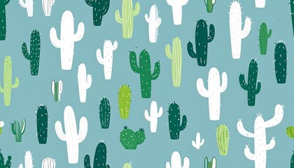 Whimsical cactus garden illustration featuring variety of green and white shapes against a soft