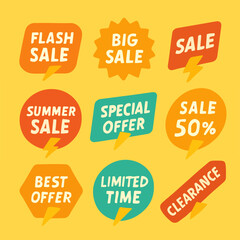 Fototapeta premium Colorful sale signs with various promotional messages for shopping events