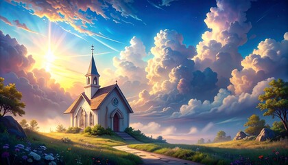 A Serene Chapel Amidst a Dramatic Sky of Clouds and Golden Sunlight