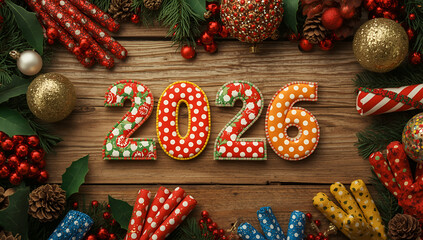 Vibrant stitched digits 2026 in a  Christmas arrangement including red, green, blue, and yellow, placed on a festive Christmas decorations flat lay wooden background,ai generative