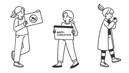 Anti-Corruption Protest & Awareness Line Art Set: People with Signs