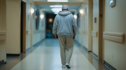 Elderly man walking alone down a quiet, dimly lit hallway in a care facility or hospital.
