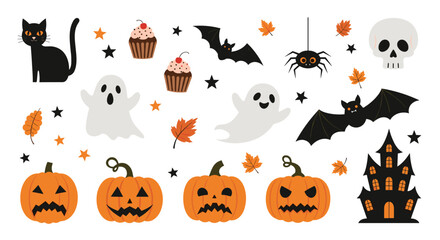 Fototapeta premium Spooky Halloween fun with ghosts, pumpkins, bats and haunted house for festive designs and decorations