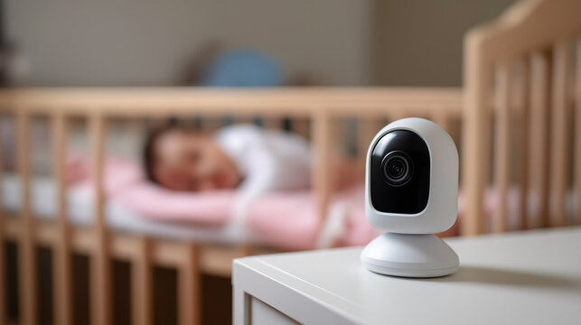 Baby monitor camera mounted on a door frame overlooking a modern nursery with a crib.

