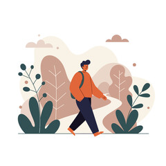 Man Walking in Park Flat Vector Illustration.