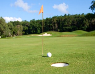 Fototapeta premium Golf ball near hole on green