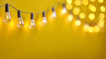 String of warm glowing light bulbs hanging against a vibrant yellow background.
