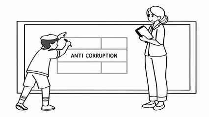 Child writing 'ANTI CORRUPTION' on whiteboard, adult supervises, symbolizing youth education, ethics, and integrity awareness.
