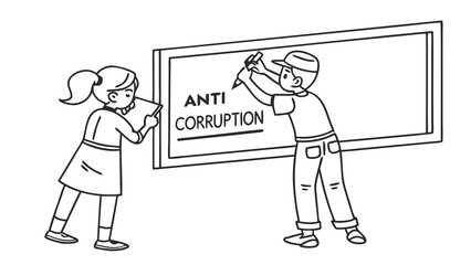 Youth writing 'Anti Corruption' on board. Education & activism against societal issues. Line art illustration.