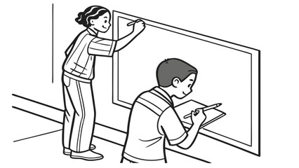 Young Students Writing & Learning: Kids Collaborating on Whiteboard & Notepad. Education Illustration.