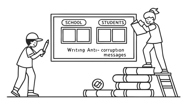 Kids writing anti-corruption messages on school board, promoting integrity and ethical education. Line art illustration.