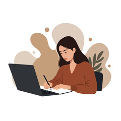 Woman Working on Laptop and Taking Notes.
