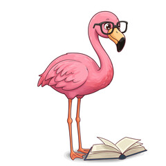 Cute Flamingo Reading Book | Pink Bird Mascot with Glasses | Educational Animal Cartoon
