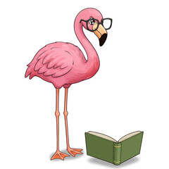 Cute Flamingo Reading Book | Pink Bird Mascot with Glasses | Educational Animal Cartoon
