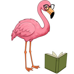 Cute Flamingo Reading Book | Pink Bird Mascot with Glasses | Educational Animal Cartoon
