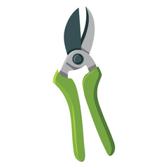 Flat vector illustration of garden pruner with green handles, tool for cutting stems and branches, perfect for gardening and plant care visuals.