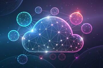 Abstract digital cloud network with interconnected glowing spheres and nodes in a cosmic purple and blue gradient background