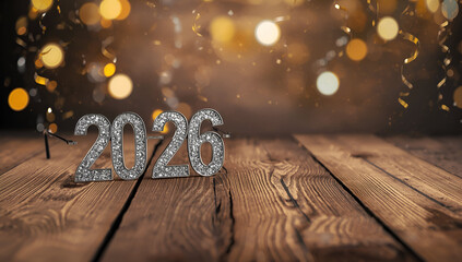 Vibrant stitched digits 2026 in a  Christmas arrangement including red, green, blue, and yellow, placed on a festive Christmas decorations flat lay wooden background,ai generative