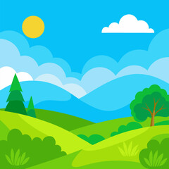Obraz premium Rolling hills, green tree and blue sky vector landscape background.