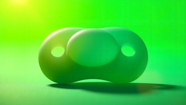 A green abstract shape with two holes and a sphere on a green background with soft lighting