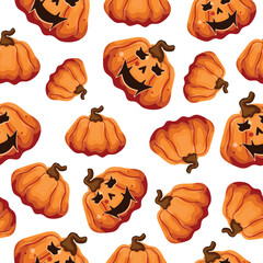 seamless pattern for Halloween with orange pumpkins with carved funny and scary faces that evoke pleasant emotions, for holiday decor, textiles or packaging
