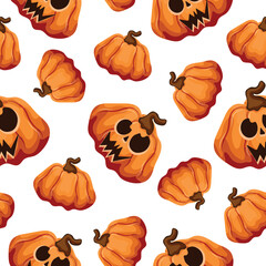 Seamless pattern for Halloween with bright pumpkins with a scary face carved on them, for holiday decor, textiles or packaging