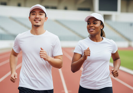 Man and Woman in White Tshirt and Cap Mockup, Jogging on Track Fitness and Wellness
