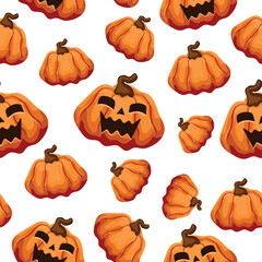 Halloween seamless pattern with bright orange, Halloween pumpkins with spooky happy faces, for holiday decor, textile or packaging