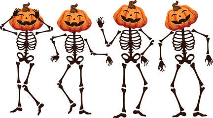 set of dancing skeletons made of bones with Halloween smiling pumpkins instead of heads in different poses, decor for the Halloween holiday