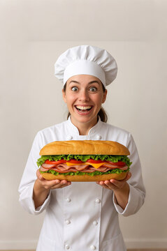 female chef hold a large sandwich with crazy happy face 