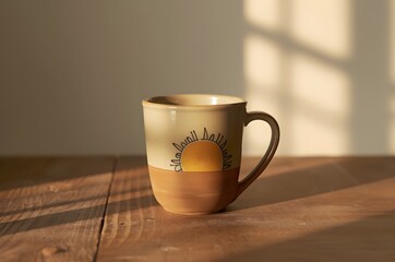 Fototapeta premium Warm morning light illuminates a decorative ceramic mug on a wooden table