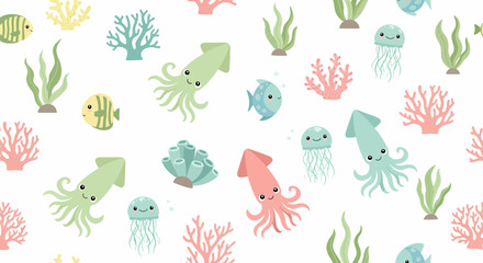 Adorable Cartoon Sea Creatures and Coral Reef Flora Pattern.