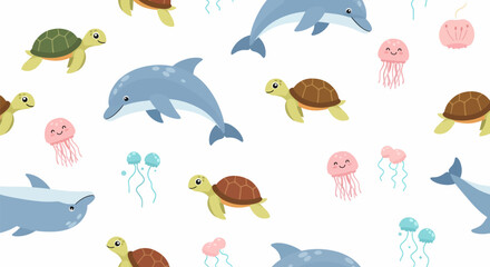 Adorable Cartoon Sea Creatures Dolphins Turtles and Jellyfish in a Playful Pattern.