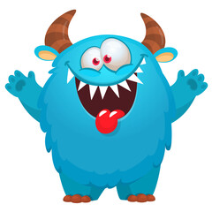Fototapeta premium Cartoon cute monster with funny face expression waving hands. Halloween vector illustration 
