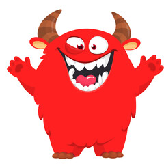 Cartoon cute monster with funny face expression waving hands. Halloween vector illustration 
