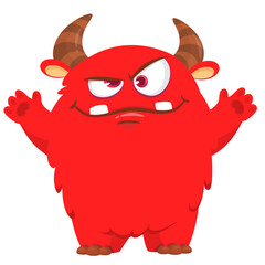 Cartoon cute monster with funny face expression waving hands. Halloween vector illustration 
