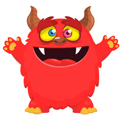Cartoon cute monster with funny face expression waving hands. Halloween vector illustration 