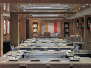 Asian style a la carte speciality dining restaurant for Japanese Teppanyaki, Sushi and Sashimi or Chinese noodle soups onboard modern cruiseship cruise ship liner