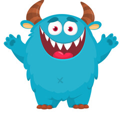 Cartoon cute monster with funny face expression waving hands. Halloween vector illustration 