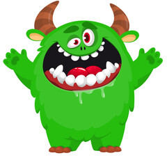Cartoon cute monster with funny face expression waving hands. Halloween vector illustration 