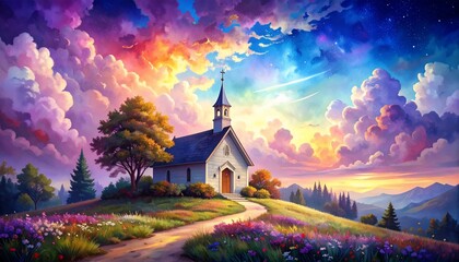 A Serene Church on a Hillside Under a Colorful Sky with Majestic Clouds