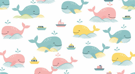 Adorable Cartoon Whales Seamless Pattern Pink Yellow and Teal Whales on Waves.