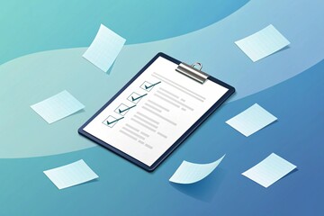 Clipboard with Checklist and Scattered Papers on a Blue Background document