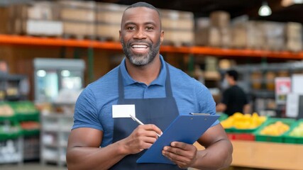 Smiling store manager holding clipboard in a bustling grocery market during daylight hours
