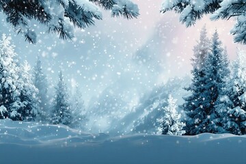 Beautiful landscape with snow covered fir trees and snowdrifts.Merry Christmas and happy New Year greeting background with copy-space.Winter fairytale.