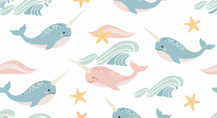 Pastel Narwhal and Wave Seamless Pattern Cute Cartoon Whales. © Amir