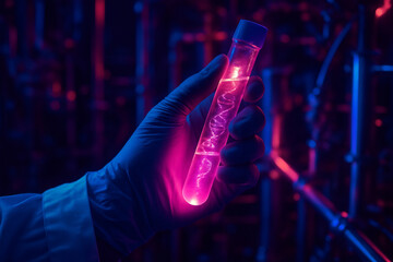 AI generated futuristic science concept of a gloved hand holding a transparent test tube with glowing pink purple liquid in laboratory illuminated by neon lights