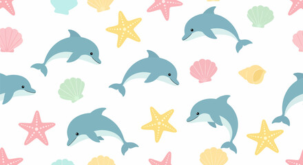 Playful Cartoon Dolphins and Seashells Seamless Pattern Design 1.