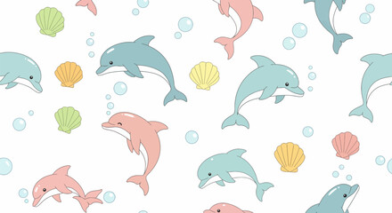 Playful Cartoon Dolphins and Seashells Seamless Pattern Design.