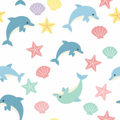 Playful Cartoon Dolphins and Seashells Seamless Pattern.